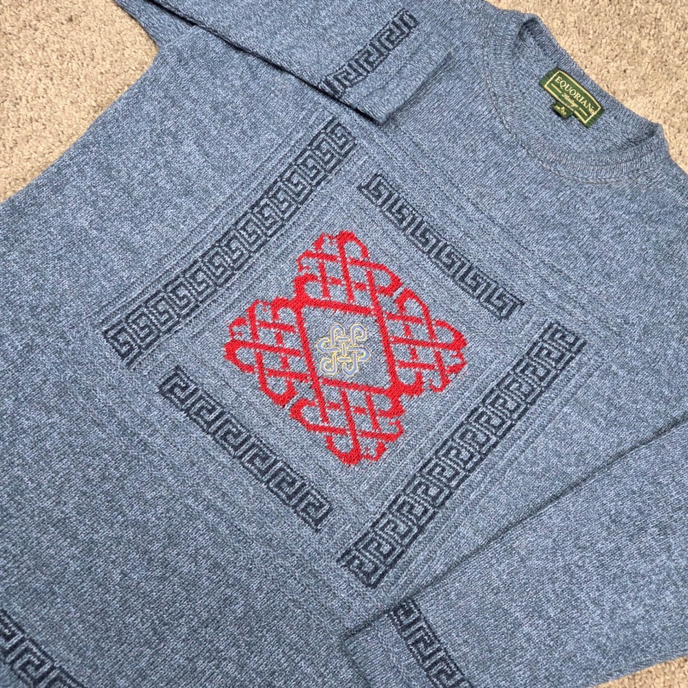 Equorian Sweater Womens L 18/20 Blue Celtic‎ Knot Greek Key Vintage Heritage
